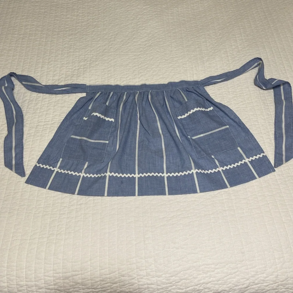 Blue Striped Apron White Rick Rack Pockets Handmade Size Large-XL
